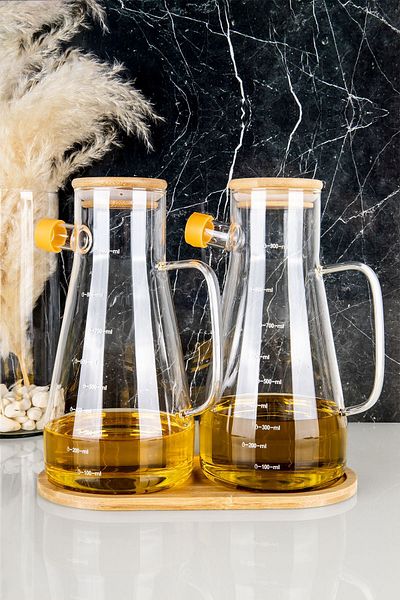 DNS HOME 2-Piece Bamboo Vacuum Lid and Stand Borosilicate Glass Oil Vinegar Masterchef Oil Pot Set 900 ml