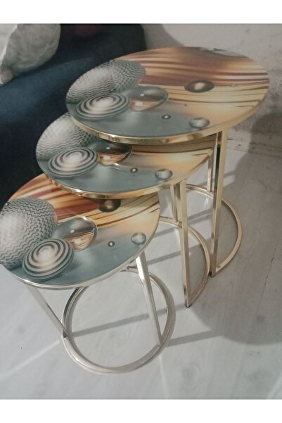 PalmirAtic Zigon sehpa 3 lü cam baskı lüks Gold ayaklı