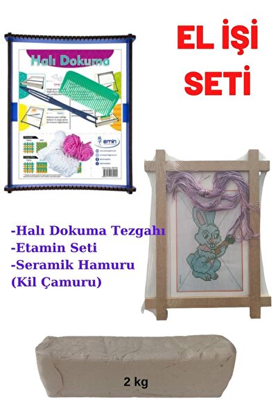 O&S Oyun ve Sanat Eğlen-Üret 3lü Elişi Etkinlik Faaliyet Seti, Halı Dokuma Tezgahı, Etamin Kaneviçe, Seramik Hamuru (kil Çamuru)