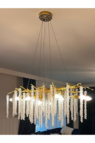 burenze Luxury Exclusive Collection Modern Kristal Taşlı Diamond Pırlanta Gold Sarı Elips Yemek Masası Avize