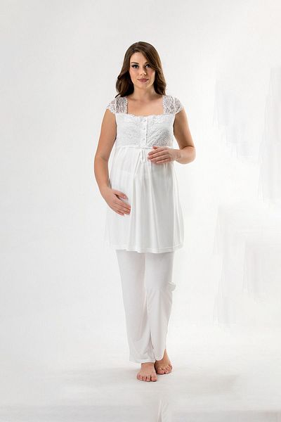 LORIAN'S Women's Ecru Pregnant Maternity Short Sleeved Pajama Set with Dressing Gown Set of 3