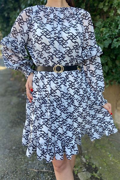 MOI ANGEL Women's Black and White Long Sleeve Short Length Chiffon Dress