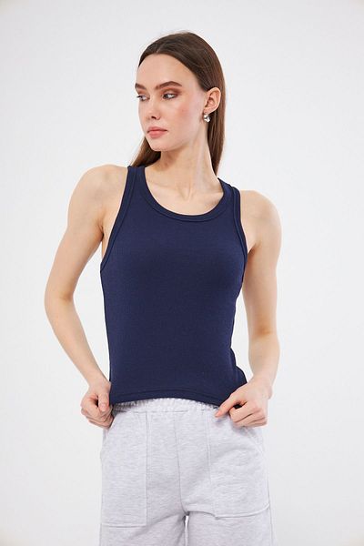 LES OUT Navy Blue Corded Women's Athlete - Halter Neck Knitted T-shirt