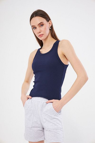LES OUT Navy Blue Corded Women's Athlete - Halter Neck Knitted T-shirt