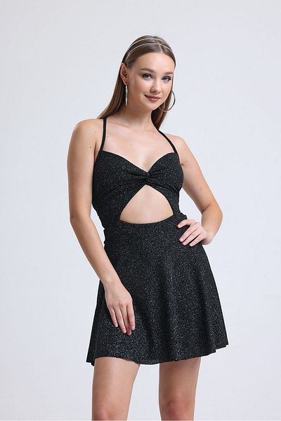 Rosy Live in style Μαύρο φόρεμα με χιαστί δεμένο μπροστινό μέρος V-Cut Flared φούστα