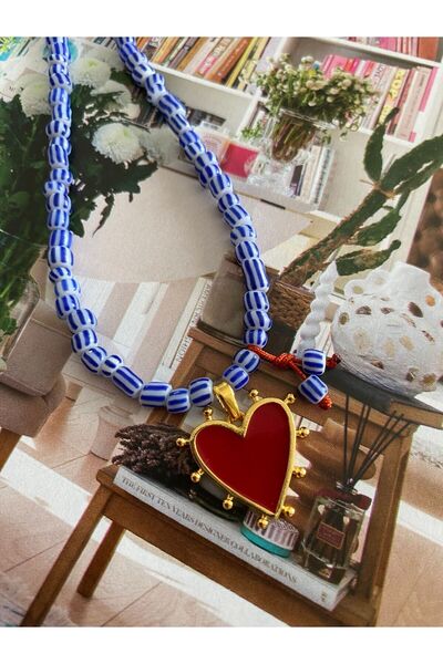 ATELİERGONCA El yapımı mavi cam altın kaplama kırmızı kalp kolye