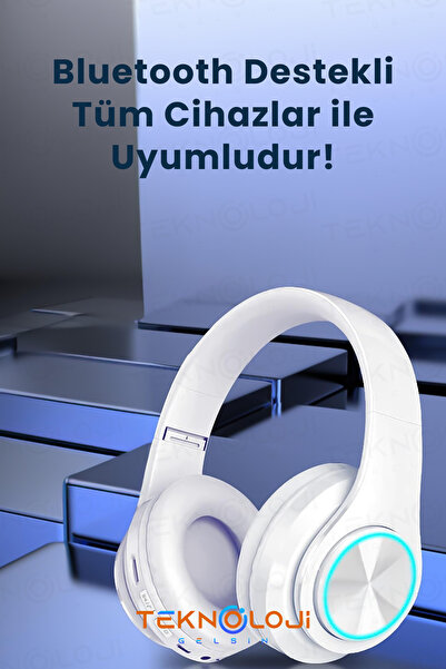 Teknoloji Gelsin Kablosuz Bluetooth Mikrofonlu Kulaküstü Kulaklık Led Işıklı Katlanabilir Beyaz