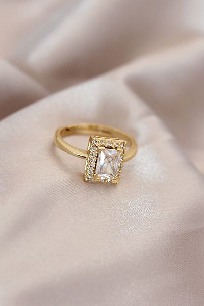 Moka Shopin Zlatý kovový zirkon a krystalový kámen - obdélníkový model prstenu