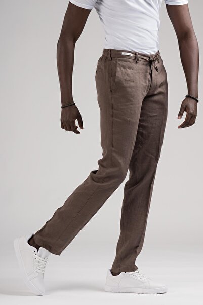 Ecer Slimfit Beli Lastikli Ve Iplikli %100 Linen Ham Keten Jogger Pantolon