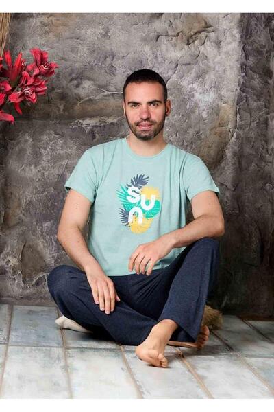 CALİA Crew Neck Single Jersey Printed Men's Pajama Set - Short Sleeve