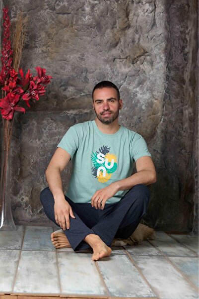 CALİA Crew Neck Single Jersey Printed Men's Pajama Set - Short Sleeve