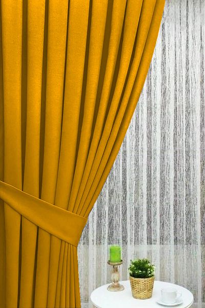 İ.D İpek Dokuma Mustard Yellow Velvety Fabric Extrafor Gather 1stClass Quality Single Wing Background Curtain