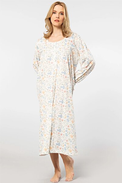 TÜREN Cămașă de noapte pentru femei, cu mânecă lungă, cu imprimeu floral, din viscoză