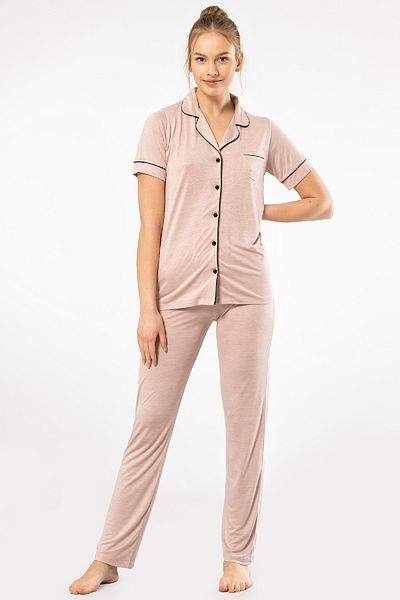 TÜREN Women's Shirt Collar Pajamas Set - Solid Cut, Short Sleeve, Front Buttoned 65% Viscose, 35% Polyester