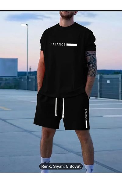 optimist sağdıç the original BALANCE Men's Summer Set - Alphabet Printed, Short Sleeve Round Neck T-shirt & Pocket Shorts