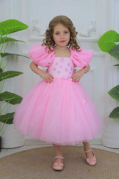 MİSS RAİN Balloon Sleeve and Flower DeTailed Tulle SKirT Girl's Evening Dress