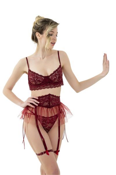 JENSCA Sutien roșu Claret 2216 - Forma magică din dantelă și frânghie detaliată la spate
