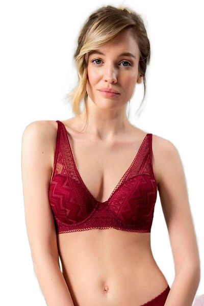 JENSCA Sutien din burete cu model în zig-zag din dantelă bordeaux 3748 - Magic Form