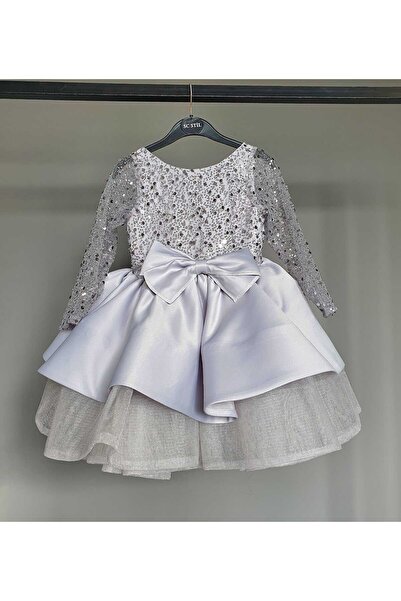 SCSTİL BONCUKLU GRENLİ UZUN KOL GRİ ELBİSE