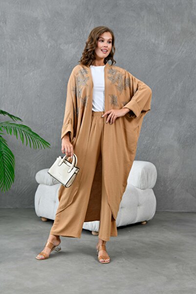Miss Allos Linen Kimono and Trousers Set - Stone Detailed on the Front