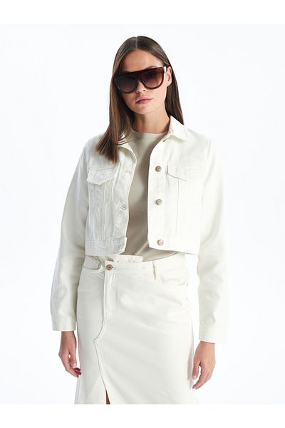 LC Waikiki Women's Jean Jacket - Shirt Collar, Straight, Long Sleeve, Crop Cut