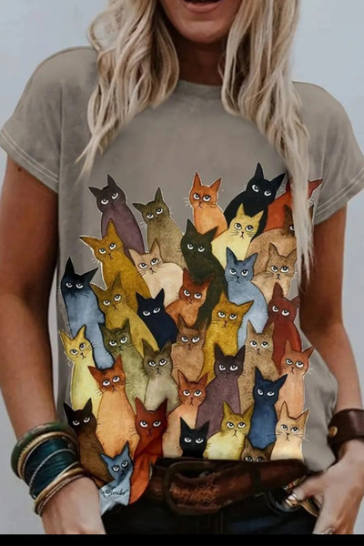 ESSFASIHON Γυναικεία μπλούζα με κοντό μανίκι με λαιμόκοψη γάτα με στάμπα μονό ζέρσεϊ