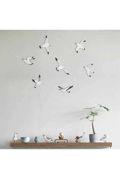 CajuArt Dekoratif 10 Parça Sevimli Martılar Ahşap Duvar Tablosu Kuş Duvar Dekoru