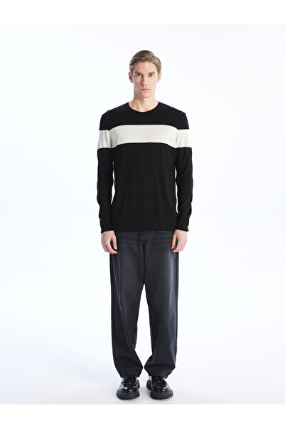 LC Waikiki LCW Vision antracit nyakú, hosszú ujjú, csíkos férfi kötöttáru pulóver (S4)