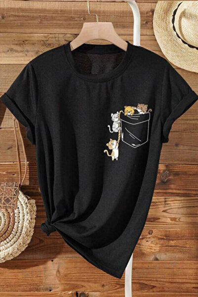 NoVibe Tricou cu mânecă scurtă, 100% bumbac, unisex, imprimat cu pisici