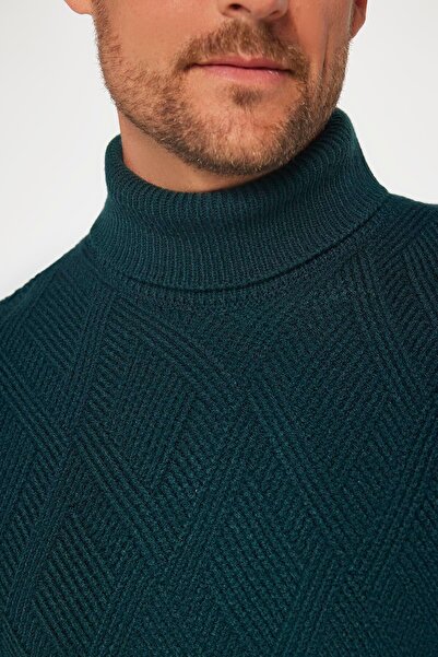 Tudors Erkek Slim Fit Dar Kesim Tam Balıkçı Yaka Desenli Yeşil Triko Triko Kazak