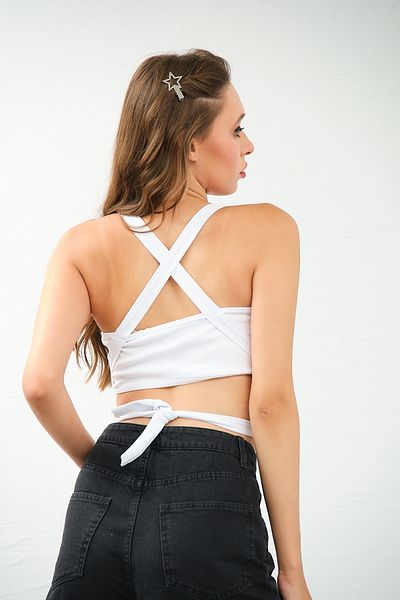 PUNKY CAT Bustieră Crop Top albă - Bretele încrucișate și legături