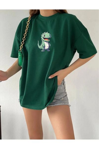 Evomind Πράσινο μπλουζάκι με στάμπα δεινοσαύρων Unisex Oversize