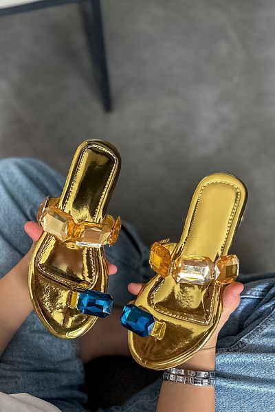 SHOEBELLAS Xena Gold - Γυναικείες παντόφλες μονόχρωμες και πέτρινες