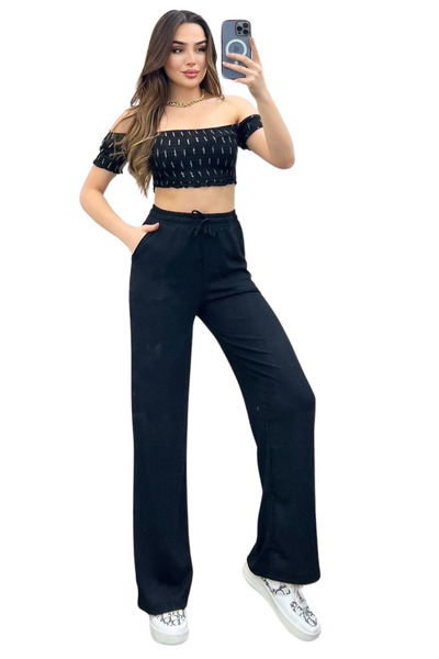 BayBayan Visok struk i Elastične Ženske Palazzo pantalone - Bürümcük Teksturi...