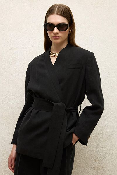 Manuka Jachetă blazer dublu din in negru