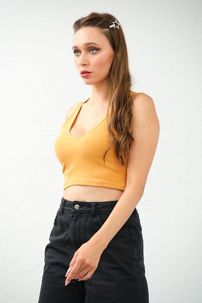 PUNKY CAT Κίτρινο Crop Top με χαμηλό κόψιμο - Γυναικεία κομψή μπλούζα