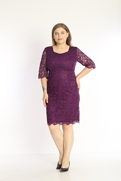 Butik Miza Mor Kordone Dantel Truvakar Kollu Büyük Beden Elbise