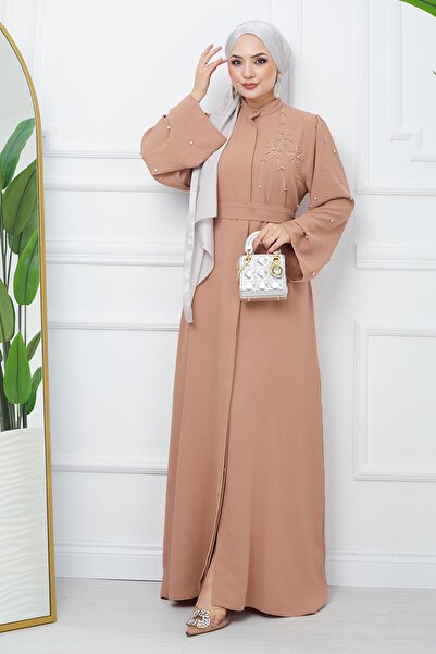 ModaMerve Tan Ferace Dress - Efs445