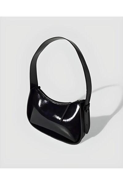 YMZBAG Black Patent Leather Baguette Handbag
