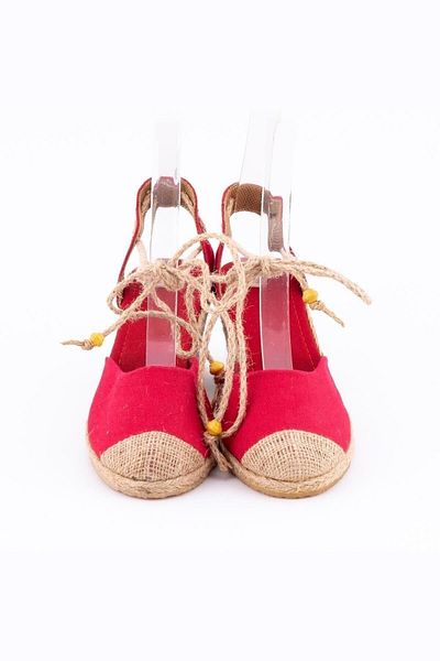 Star Tombis Red Linen Straw Espadrille - Real Handmade, Ankle Lace, Open Heel Padded