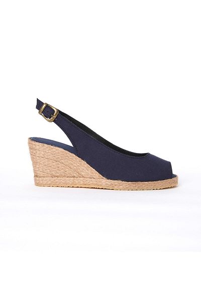 Star Tombis Espadrile din paie de in albastru bleumarin - Varf deschis, toc cu pană cu bretele, lucrate manual
