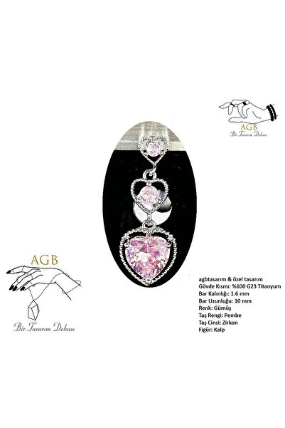 agbtasarım ZİRKON TAŞLI "SİNGLE" 3'LÜ KALP FİGÜRLÜ PEMBE TEKTAŞLI GÖBEK PİERC...