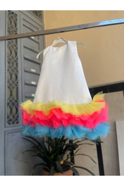 Sare Çocuk Giyim Premium White - Girl's Party Dress with Colorful Tutu Detail