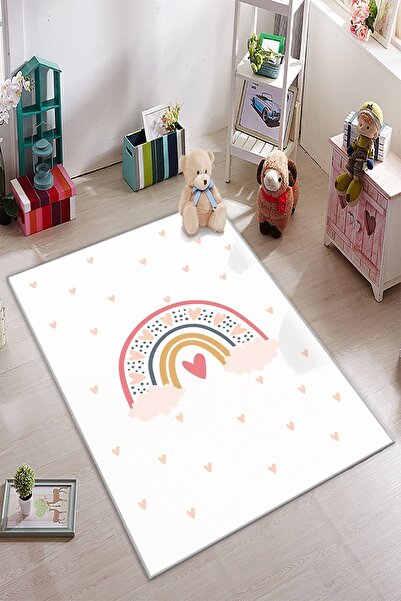 GARDENYA HOME Volonte Beyaz Pembe Kalpli Gökkuşağı Çocuk Odası Halısı