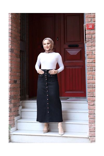 VELLICHOR Fusta din denim cu buzunare cu burduf cu nasturi - neagra