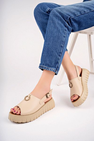 Deripabuc Beige Genuine Leather Women's Sandals - DP-3005