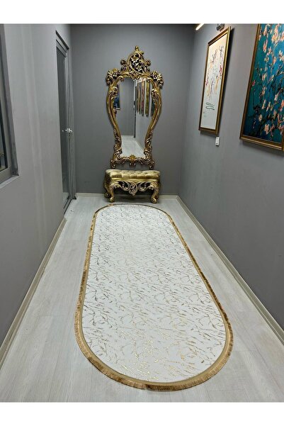 YTR HOME Bambu Yıkanabilir Kaymaz Oturma Odası Salon Mutfak Halısı Beyaz Gold Simli Bambu Halı