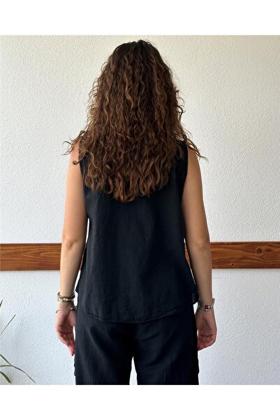 ByEnBi Black Cotton Linen Vest - Collar Pocket