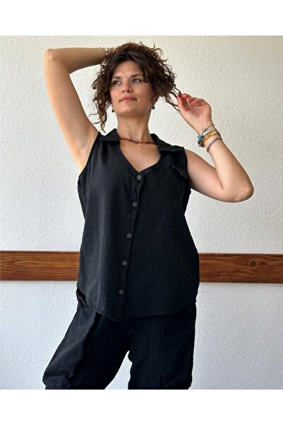 ByEnBi Black Cotton Linen Vest - Collar Pocket