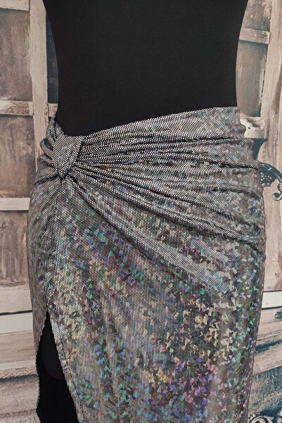 Due Stelle Hologram Deep Slit Skirt Single Shoulder Crop Blouse Top and Bottom Set